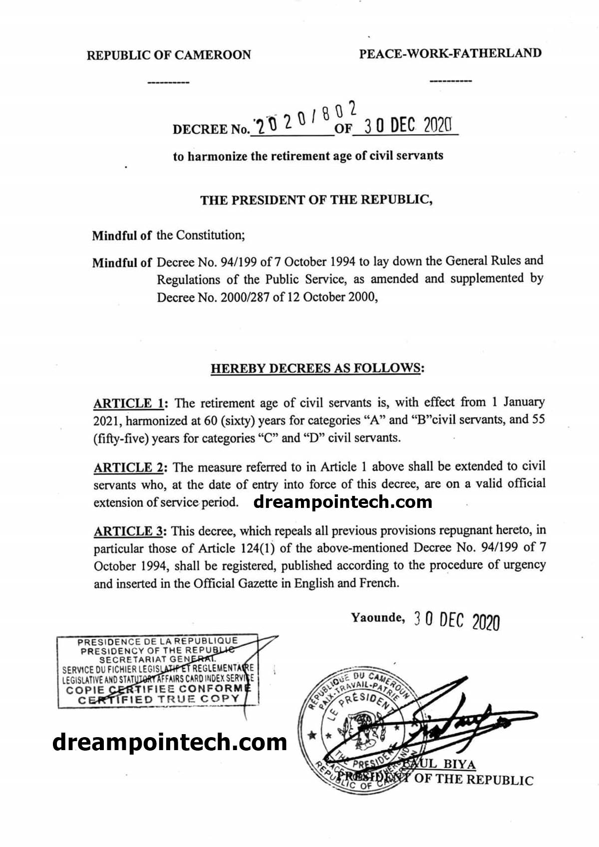 Communique or presidential decree signed by Paul Biya that extends the retirement age of Cameroon civil service workers to 60 years